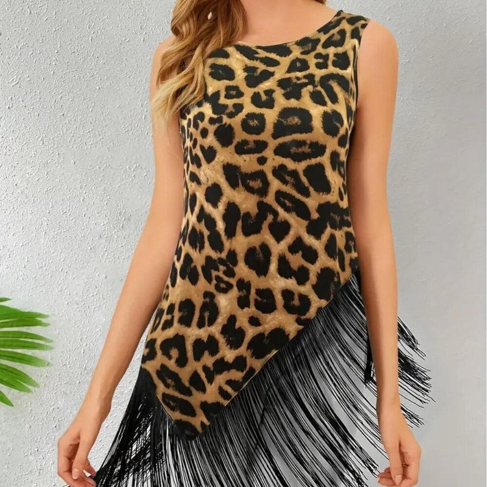 Leopard Print Dress with Zig Zag Hem Fringe